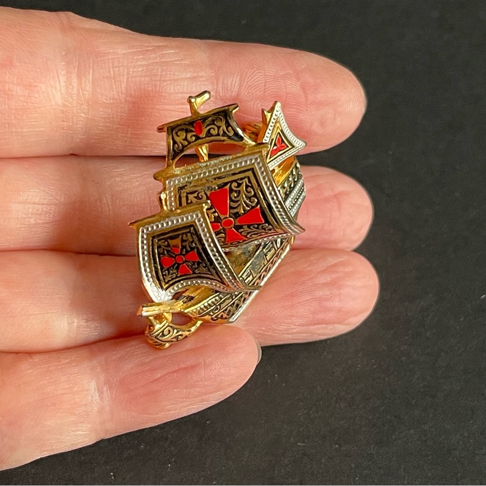 Vintage Spanish Damascene Gold Tone & Red Enamel … - image 5